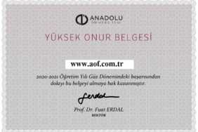 AÖF Yüksek Onur ve Onur Belgesi Örnekleri 2023 Anadolu AÖF Yüksek Onur Belgesi 2022