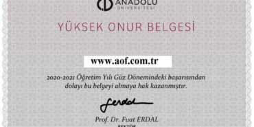 Anadolu AÖF Yüksek Onur Belgesi 2022