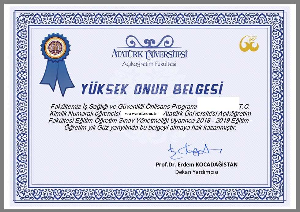 Atatürk Üniversitesi AÖF Yüksek Onur Belgesi 2022