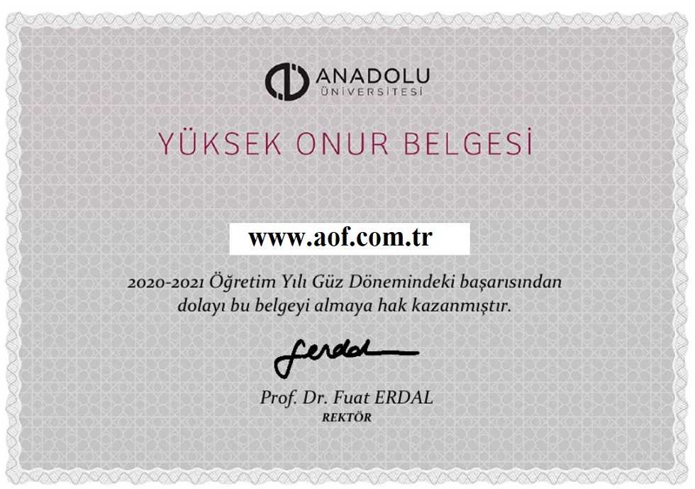Anadolu AÖF Yüksek Onur Belgesi 2022