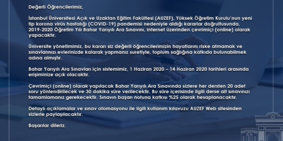 İstanbul Üniversitesi Bahar Dönemi Açıköğretim Sınavları Online Yapılacak