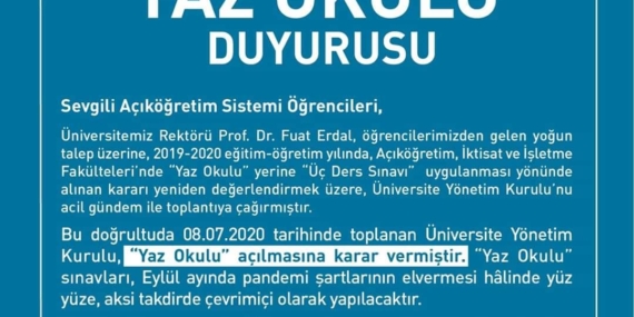 2020 Yaz Okulu Açılmasına Karar Verildi