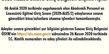 2020 ALES/2 Sınav Giriş Belgeleri Yayımlandı