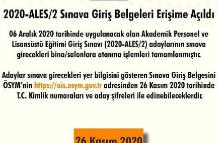 2020 ALES/2 Sınav Giriş Belgeleri Yayımlandı