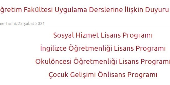 2021 Bahar Dönemi Uygulama Dersleri Ödev Şeklinde Olacak