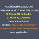 acikogretim lisesi yeni kayit ve kayit yenileme tarihleri