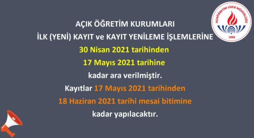 acikogretim lisesi yeni kayit ve kayit yenileme tarihleri