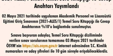 2021-ALES/1 Sınavı Temel Soru Kitapçığı ve Cevap Anahtarı Yayımlandı