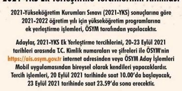 2021 YKS Ek Yerleştirme