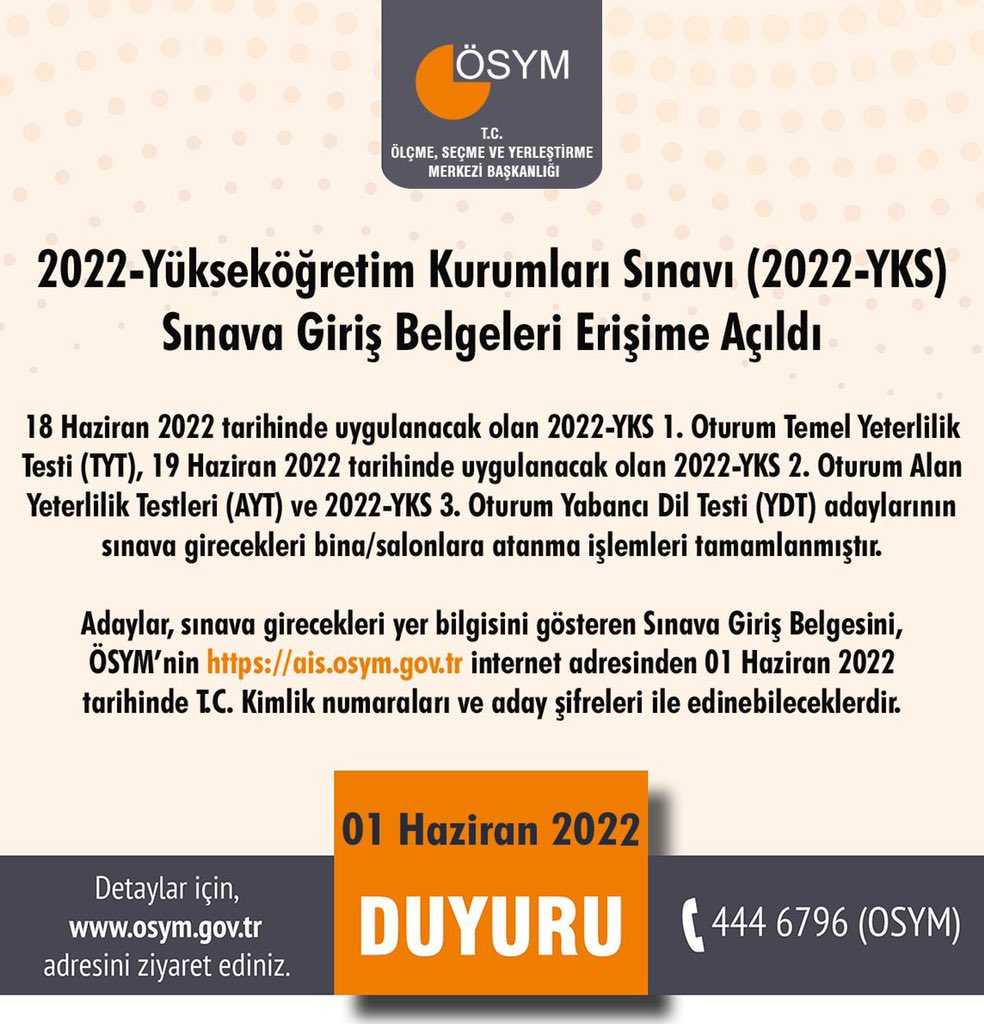 2022 YKS Sınav Giriş Belgeleri