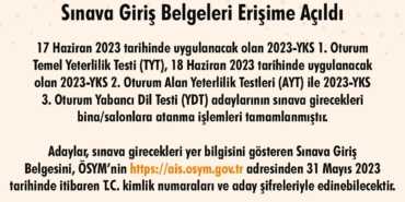2023 YKS Sınav Giriş Belgeleri