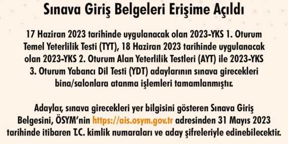 2023 YKS Sınav Giriş Belgeleri Yayımlandı